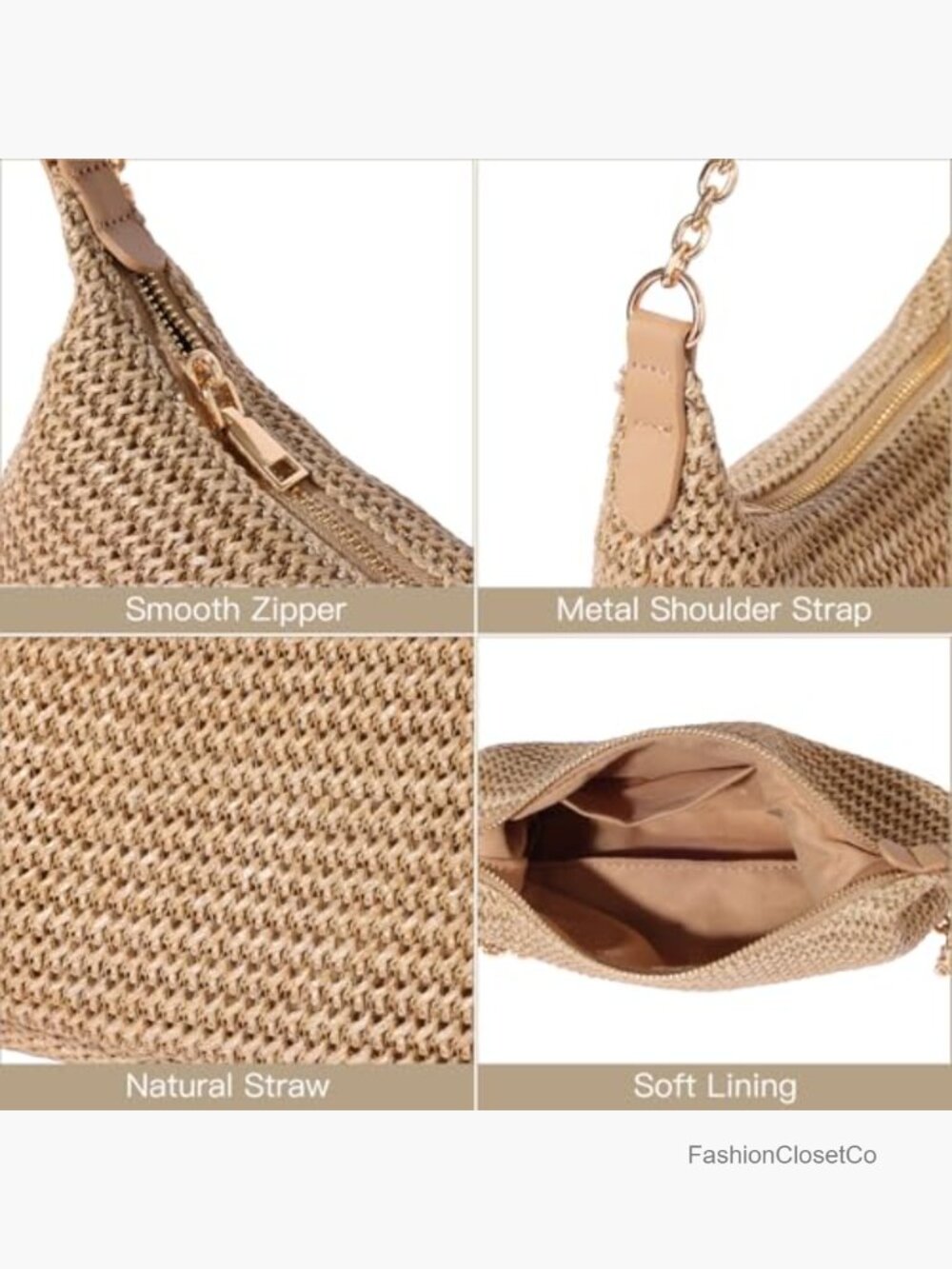 Straw Woven Beach Bag Summer Shoulder Purse with Chain Strap - Picture 6 of 6